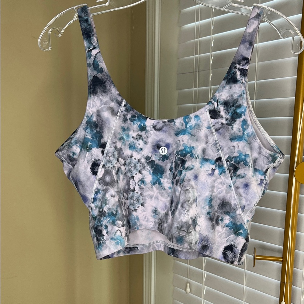 Lululemon Athletica Blue and Gray Floral Crop Top with Built-in Bra - Picture 2 of 8
